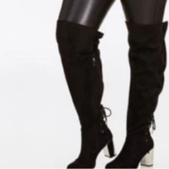 Ashley Stuart Fabric suede thigh high wide calf boots silver tone  heels SZ8W - Picture 1 of 16